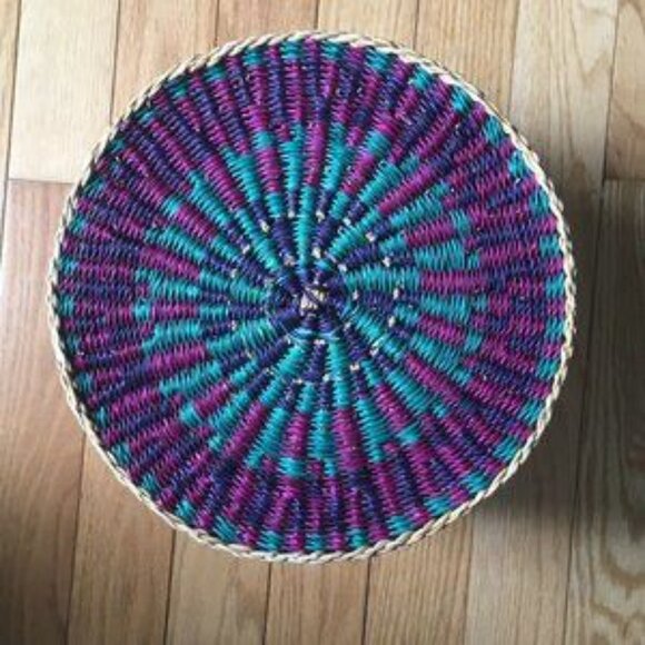 Vintage Large Purple Green Woven Bolga Storage Market Basket Handles 12” - Picture 4 of 5